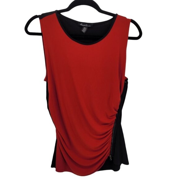 Kenneth Cole Womens large red black Color block blouse sleeveless ruched zip - Picture 1 of 9